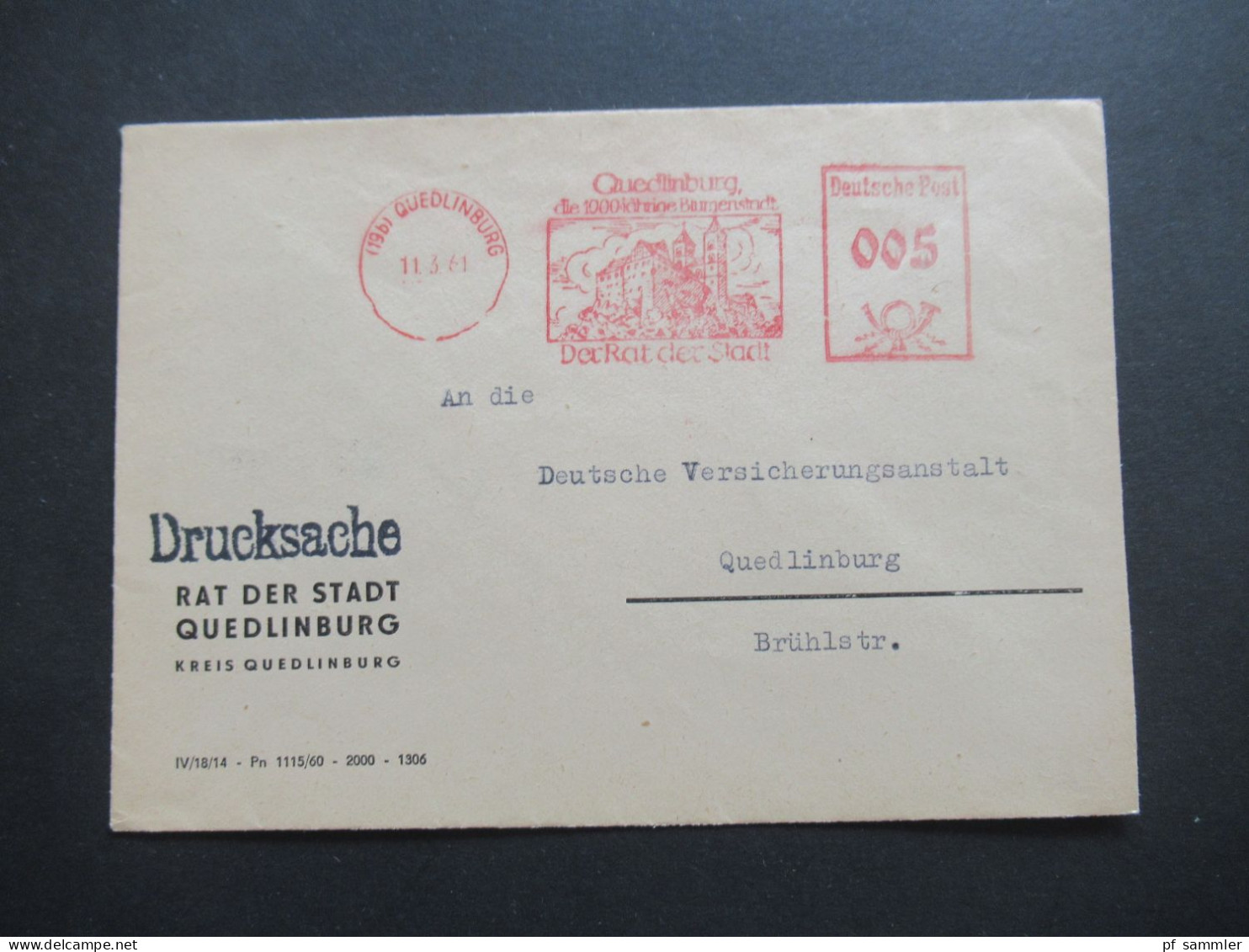 DDR 1961 Drucksache Der Stadt Quedlinburg Mit Freistempel Quedlinburg Der Rat Der Stadt Als Ortsbrief! - Cartas & Documentos