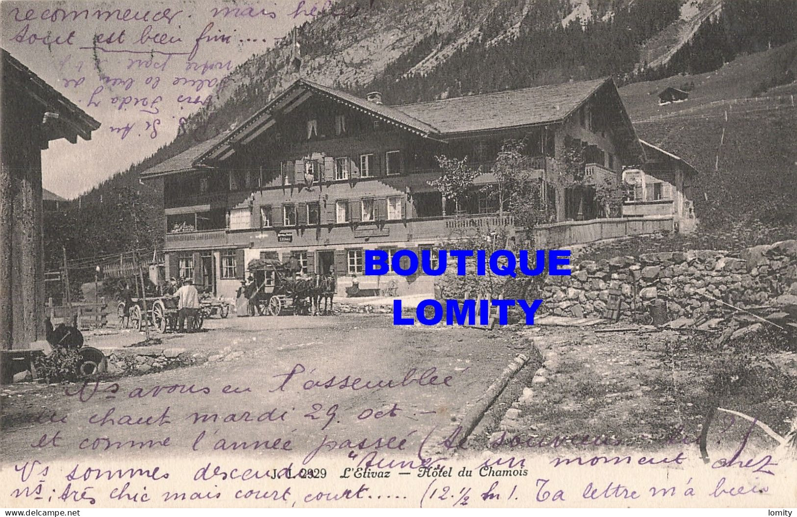 Suisse L' Etivaz Hotel Du Chamois CPA + Timbre , Carte Avec Animation Attelage Diligence - Château-d'Œx