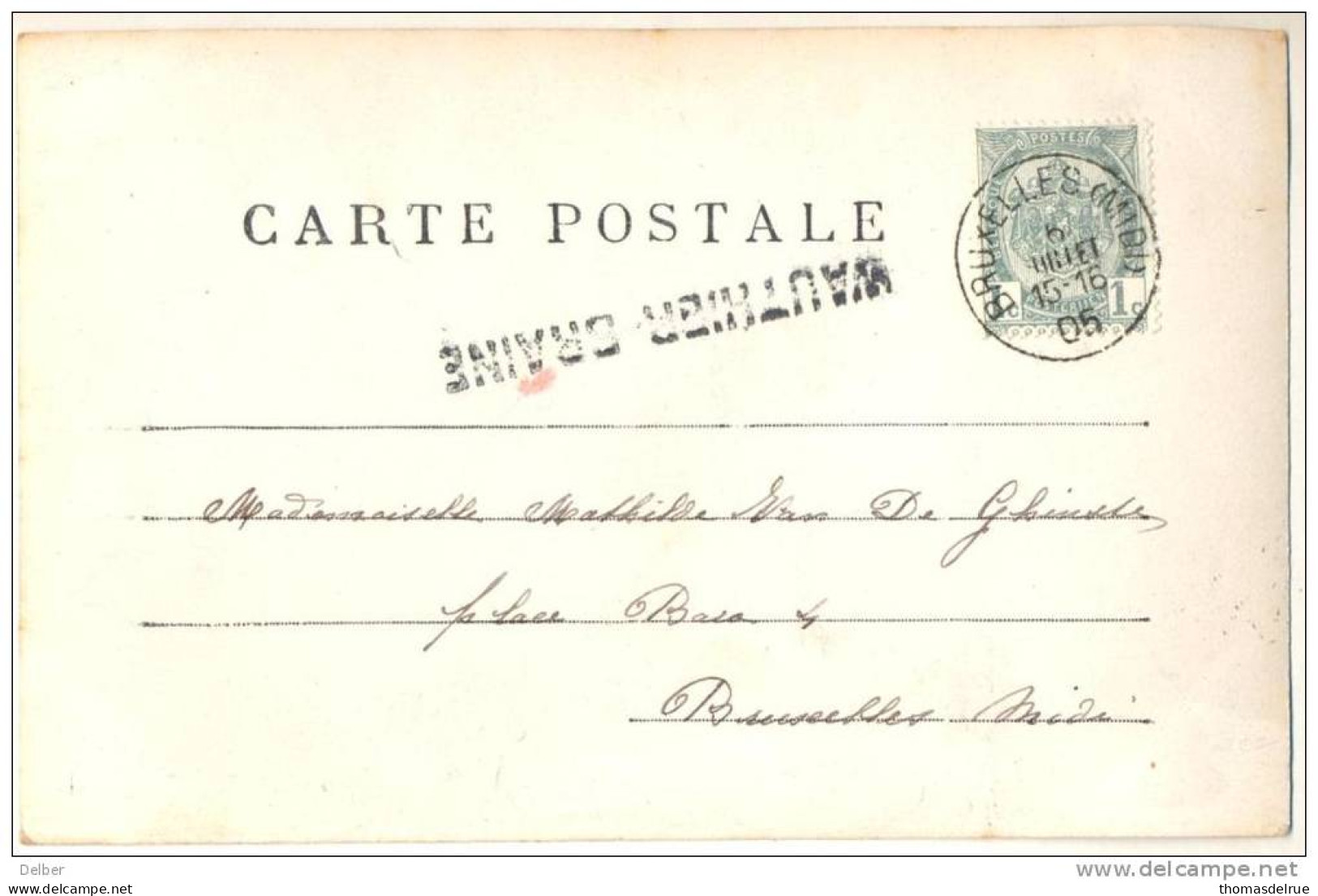 _Zn916: Fantasiekaartje : N°53- Tab: BRUXELLES(MIDI + Griffe: WAUTHIER BRAINE :  6 JUILLET 05 - Postmarks - Lines: Ambulant & Rural