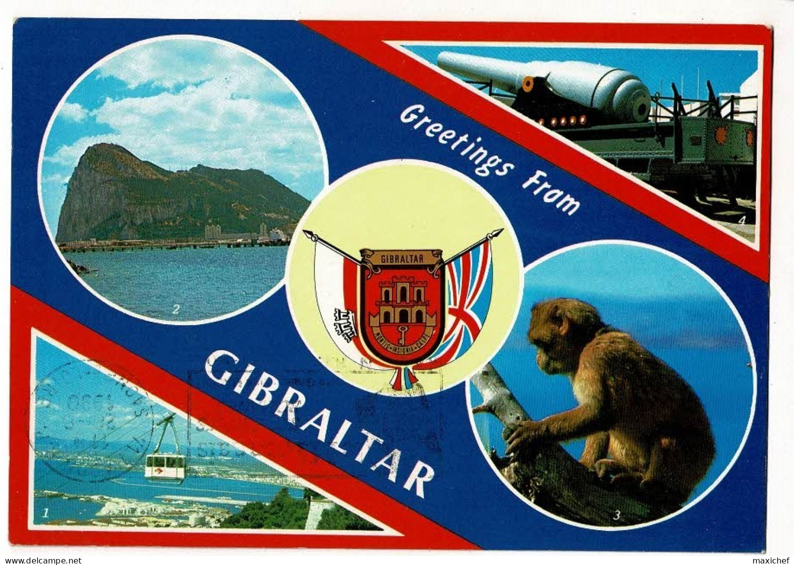 Greetings From Gibraltar - Multivues, 4 Vues & Blason (Cable Care, North West View Of Rock, Rock Ape, 10-Ton Gun Buster) - Gibraltar