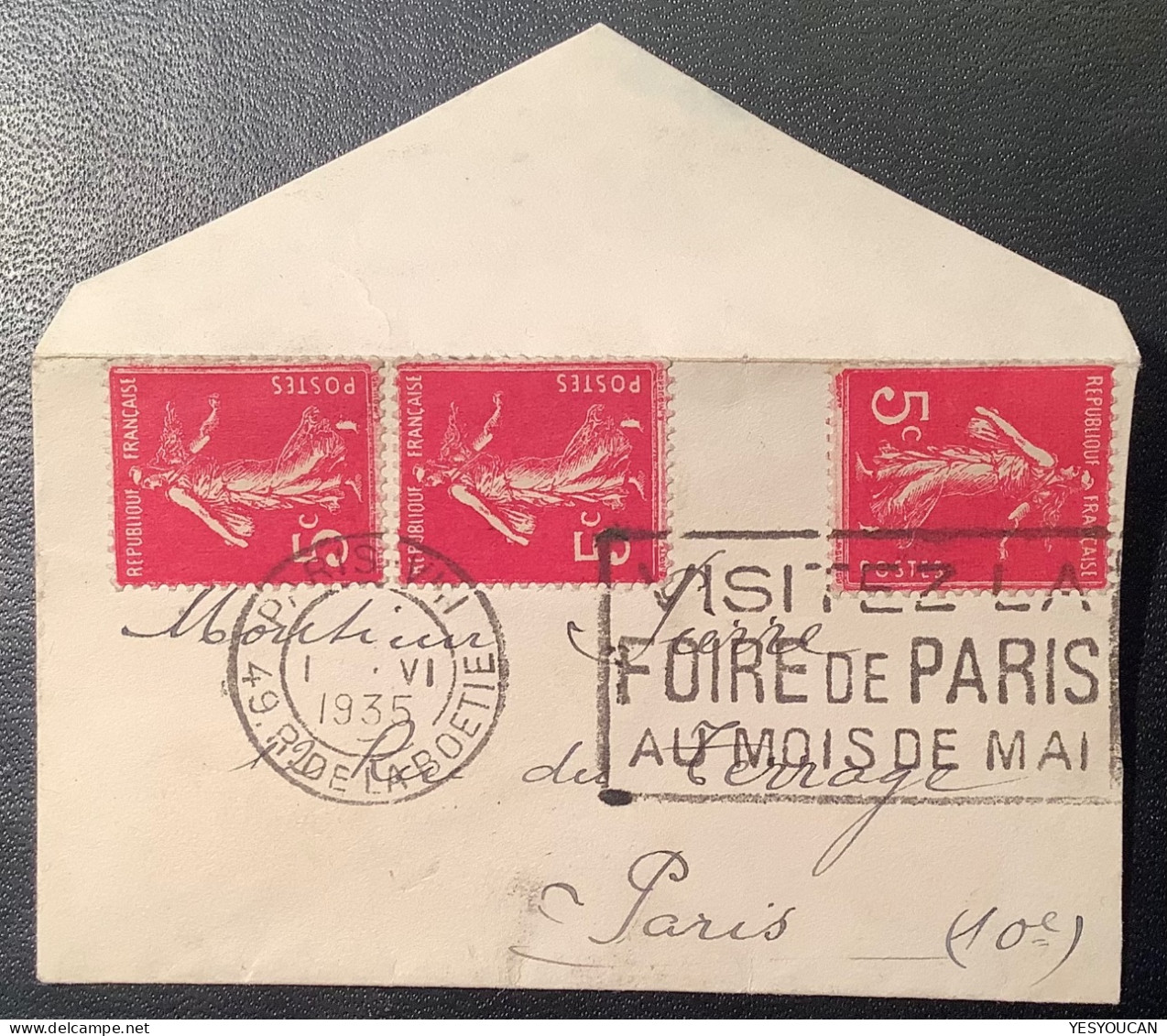 France #278B 1934 5c Rose Semeuse Camée AFFR. PAS COURANT X3 ! Lettre Mignonette/carte De Visite (imprimé)PARIS 1.6.1935 - 1906-38 Säerin, Untergrund Glatt