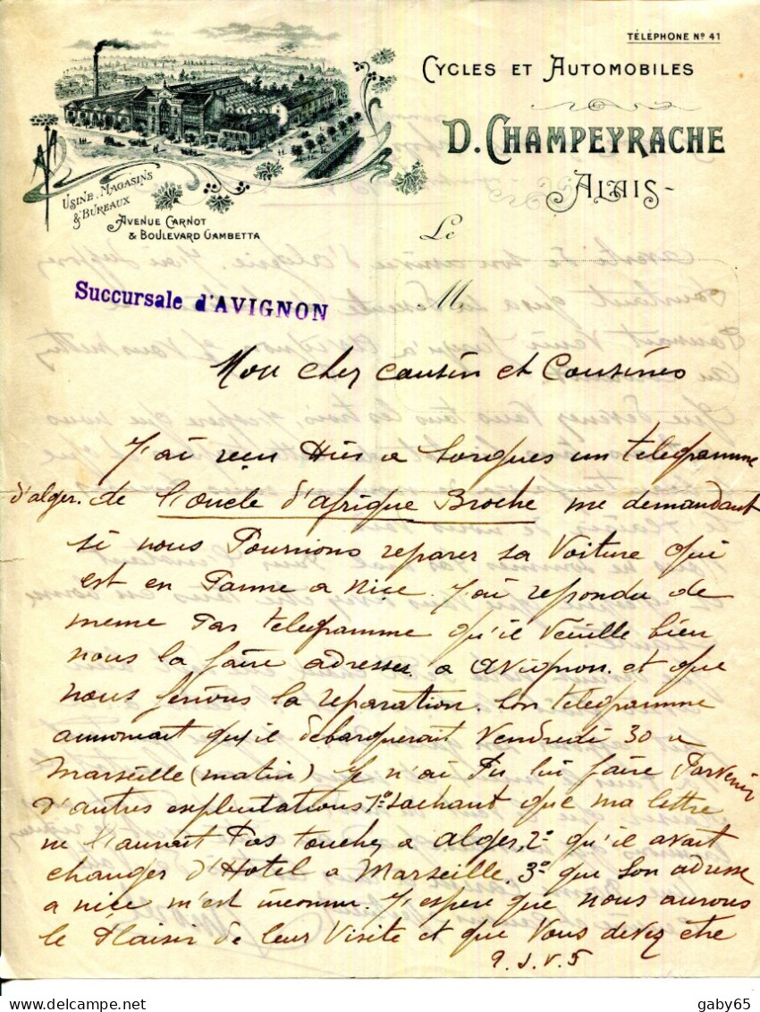 FACTURE.30.GARD.ALAIS.ALÈS.CYCLES & AUTOMOBILES.D.CHAMPEYRACHE USINE,MAGASINS & BUREAUX AVENUE CARNOT - Cars