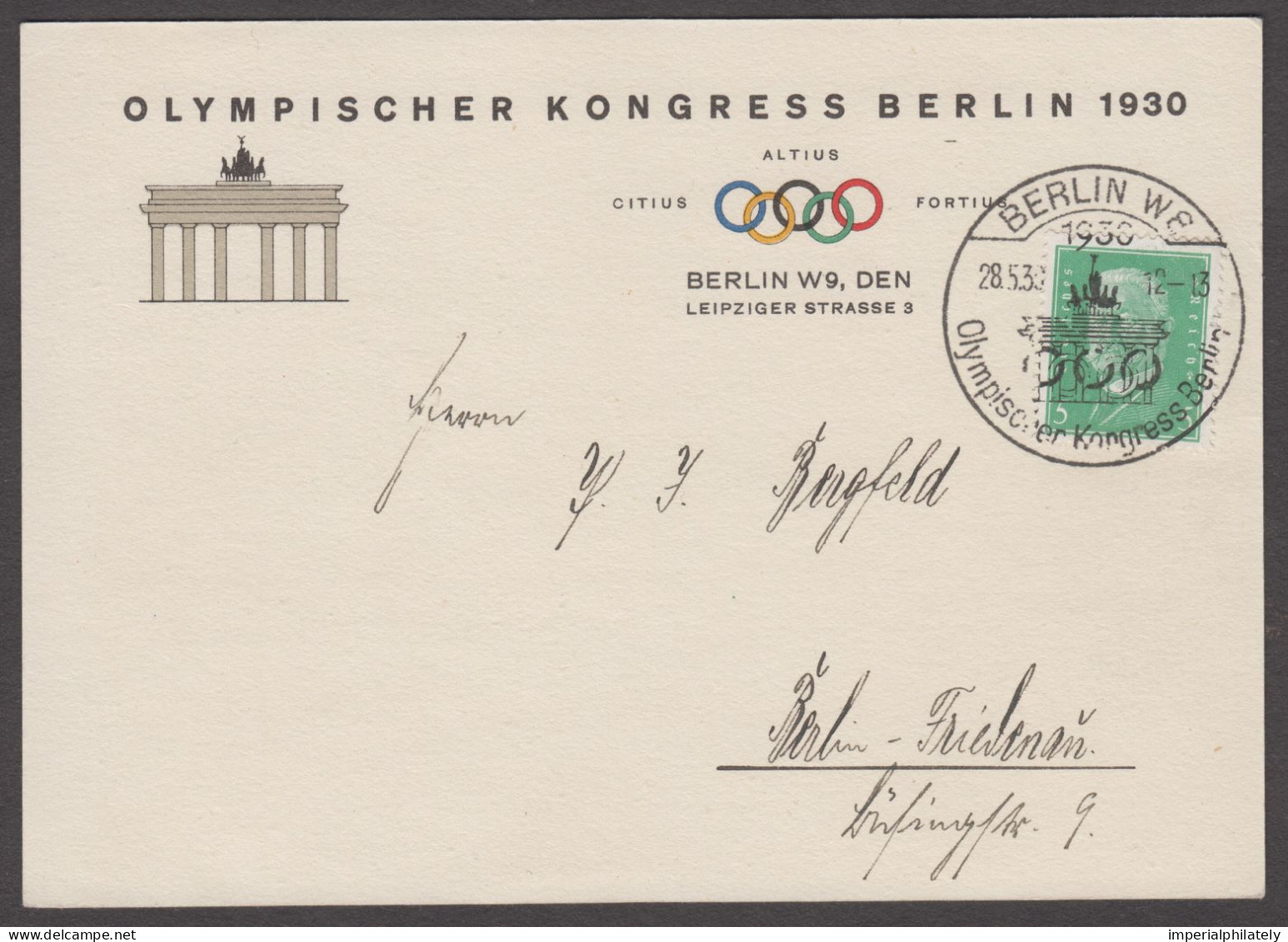 1930 IOC Congress In Berlin Printed Card With 5pf Tied By Special Olympic Congress Cds - Sommer 1936: Berlin