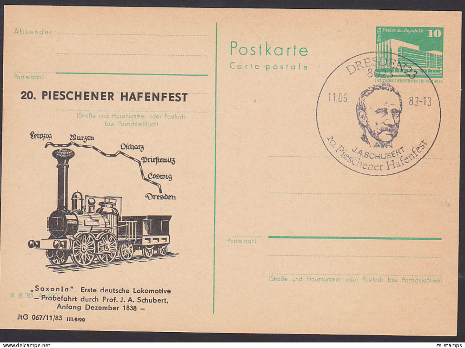 Dresden SoSt. 20 Pieschener Hafenfest Abb. Saxonia Probefahrt Leipzig - Dresden Durch Prof. J. A. Schubert, GA - Privé Postkaarten - Gebruikt