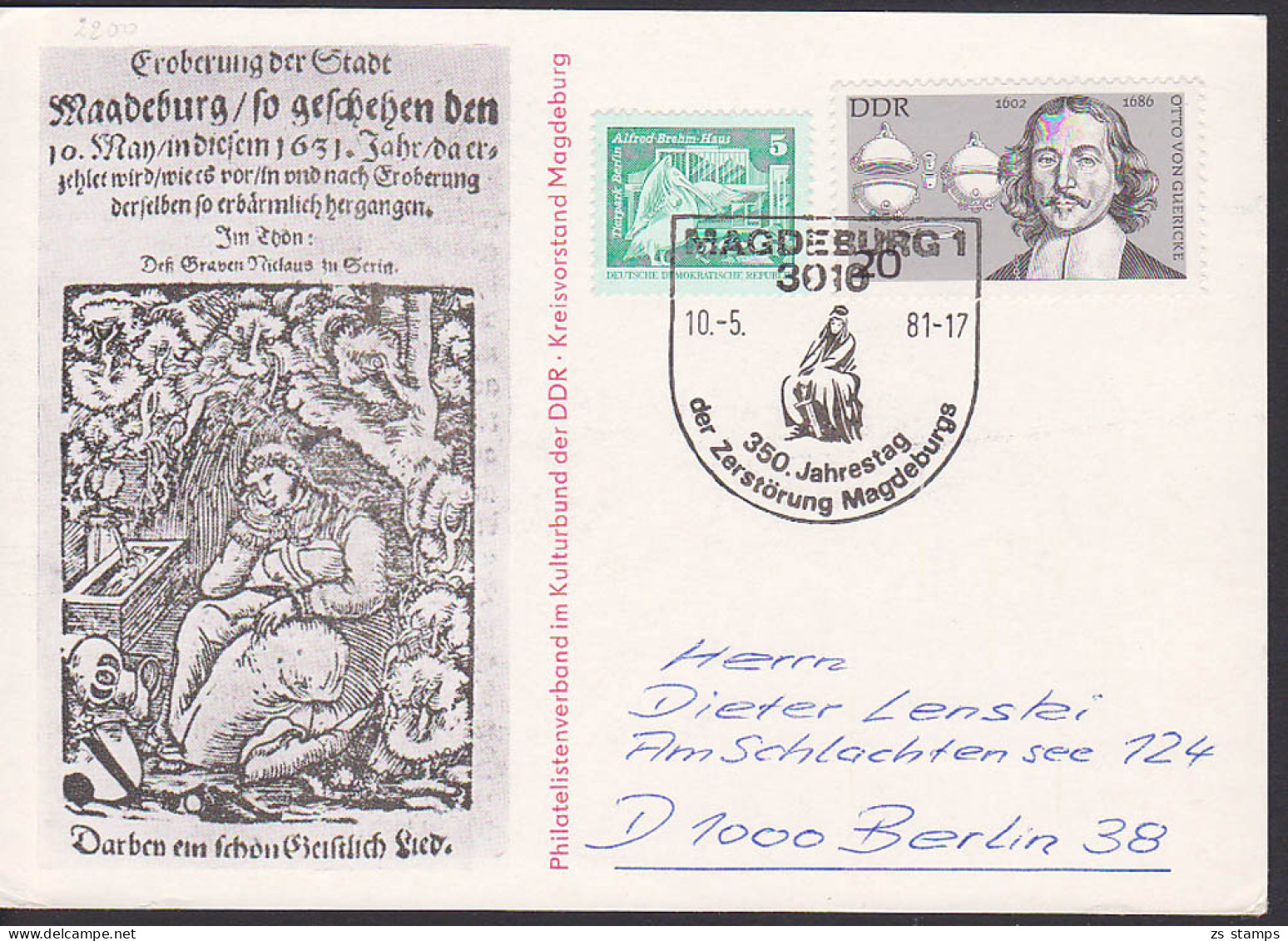 Magdeburg SoSt. 350. Jahrestag Der Zerstörung Schmuckkarte 10.5.81, Otto Von Guericke, Magdeburger Halbkugel - Cartas Máxima