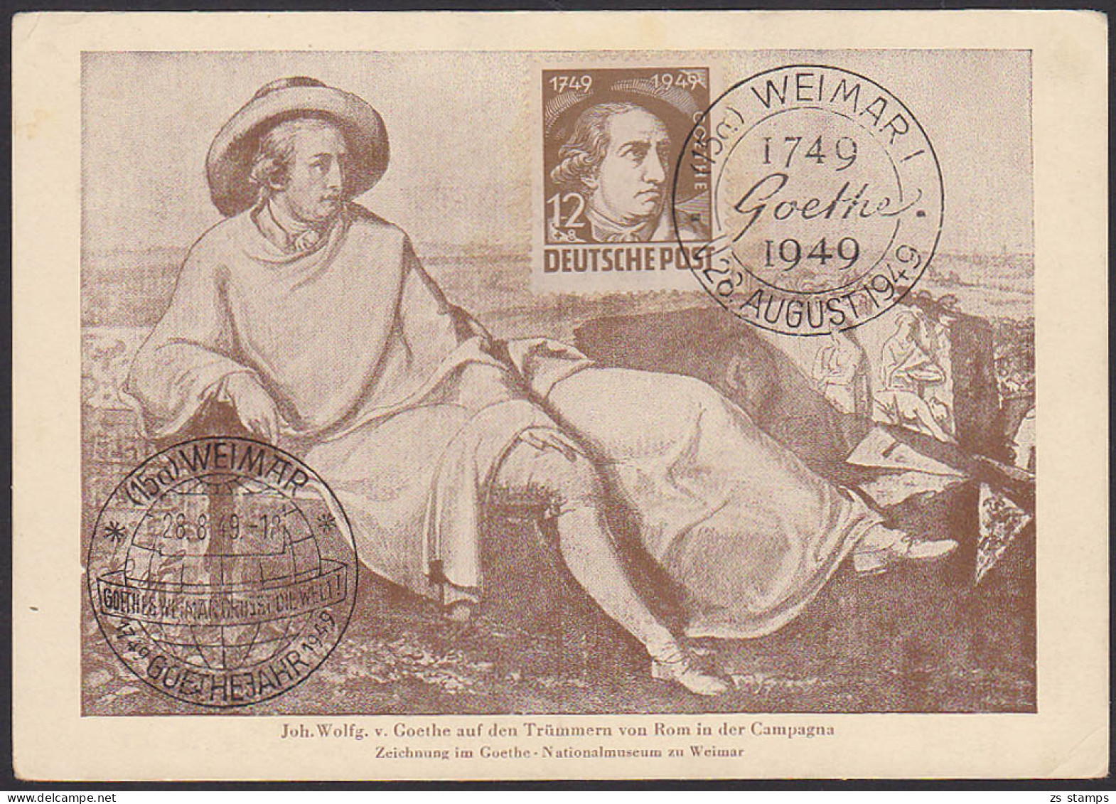 MC 235 SBZ, Wolfgang Goethe Maximumkarte, 2 Verschiedene SoSt.  Weimar 1749 - 1949 Goethejahr - Maximumkaarten
