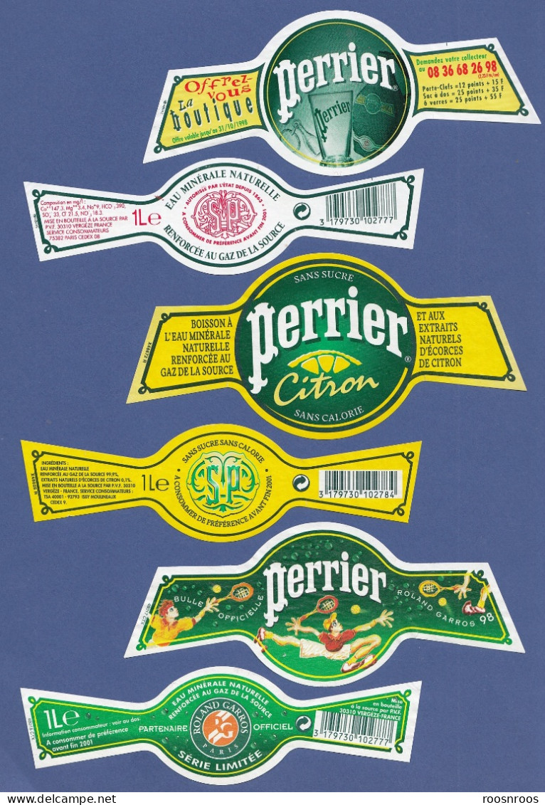 LOT DE 3 ETIQUETTES ET COLLERETTES DE PERRIER - DONT EDITION ROLAND GARROS 1998 - Perrier