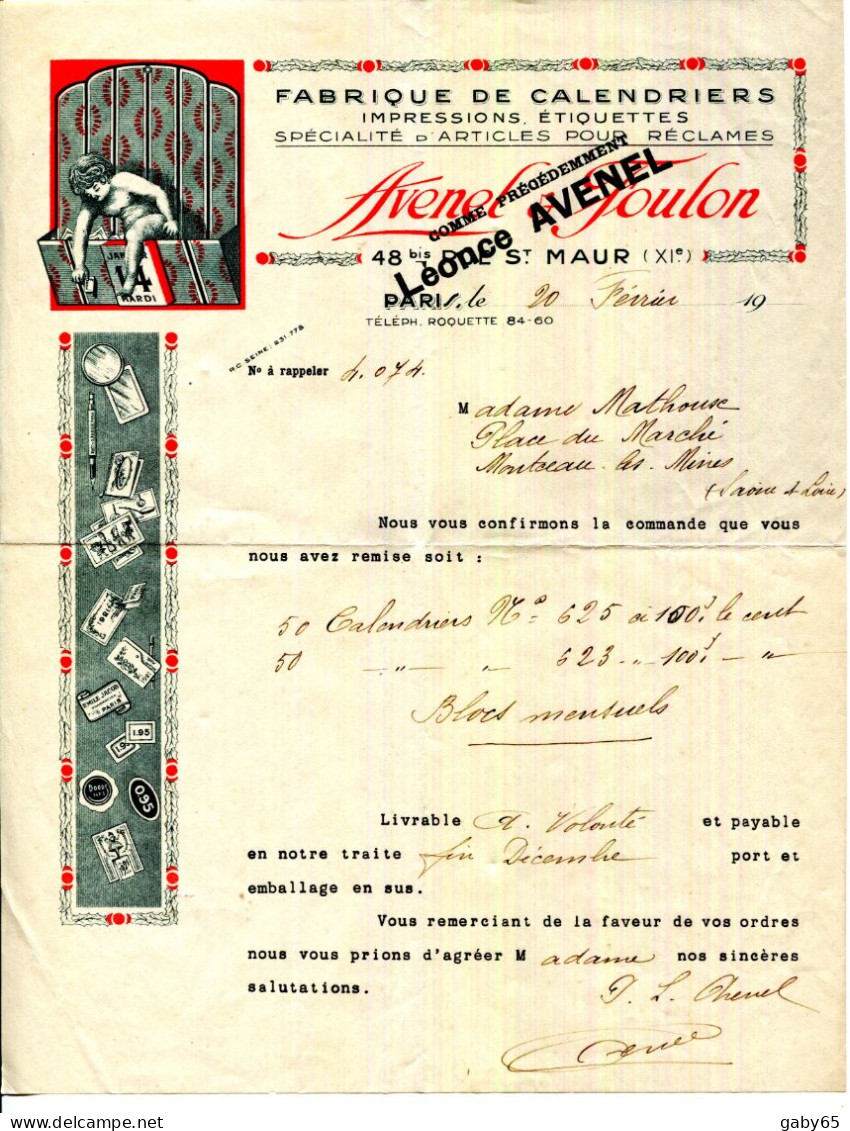 FACTURE.SAINT MAUR.FABRIQUE DE CALENDRIERS.ARTICLES POUR RECLAMES.IMPRESSIONS ETIQUETTES.AVENEL & FOULON. - Drukkerij & Papieren