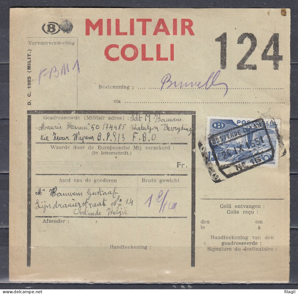 Vrachtbrief Met Stempel OOSTENDE (KAAI) N°15 MILITAIR COLLI - Documents & Fragments