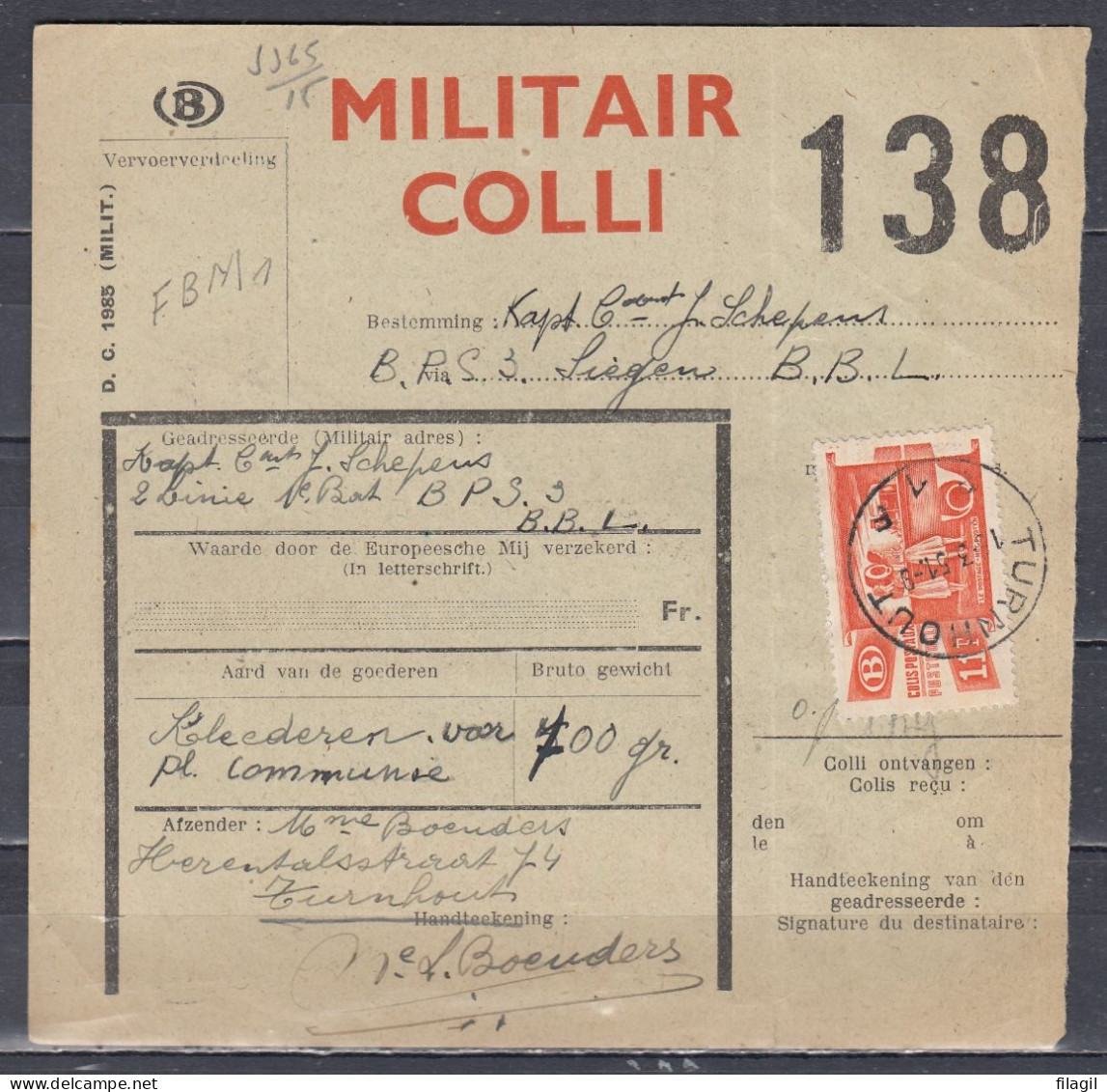 Vrachtbrief Met Stempel TURNHOUT F1F MILITAIR COLLI - Documents & Fragments