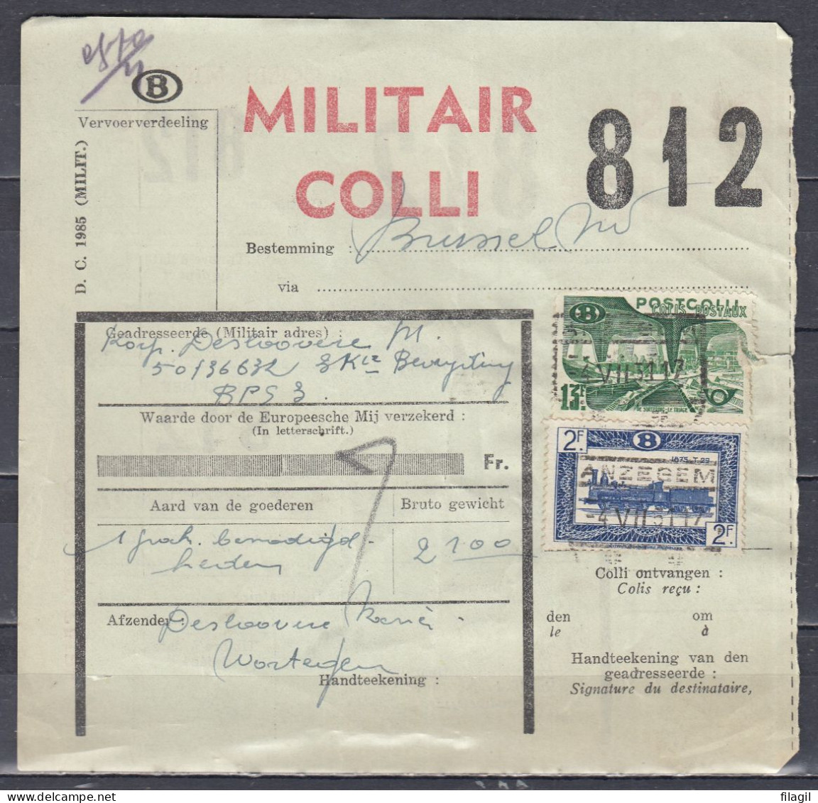 Vrachtbrief Met Stempel ANZEGEM MILITAIR COLLI - Documents & Fragments