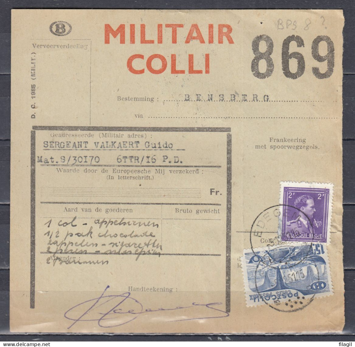 Vrachtbrief Met Stempel EDEGEM MILITAIR COLLI - Documents & Fragments