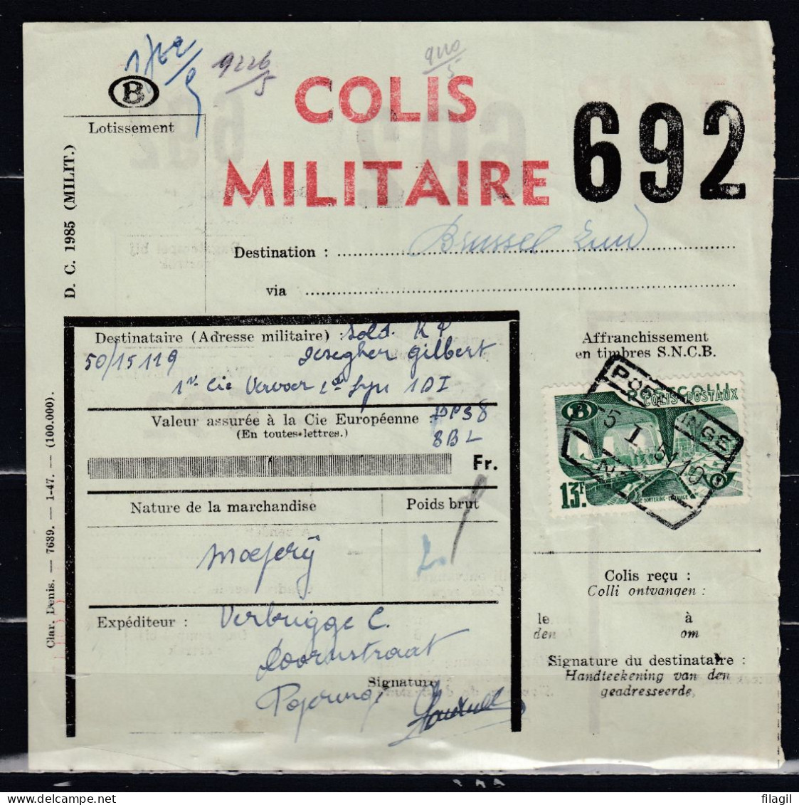 Vrachtbrief Met Stempel POPERINGE COLIS MILITAIRE - Documents & Fragments
