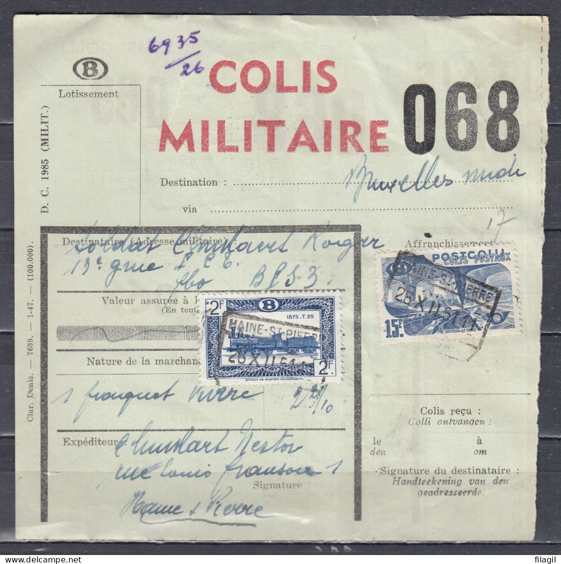 Vrachtbrief Met Stempel HAINE ST PIERRE COLIS MILITAIRE - Documenti & Frammenti