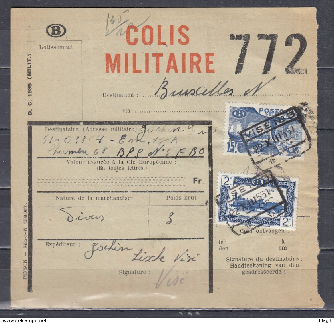 Vrachtbrief Met Stempel VISE N°3 COLIS MILITAIRE - Documenti & Frammenti