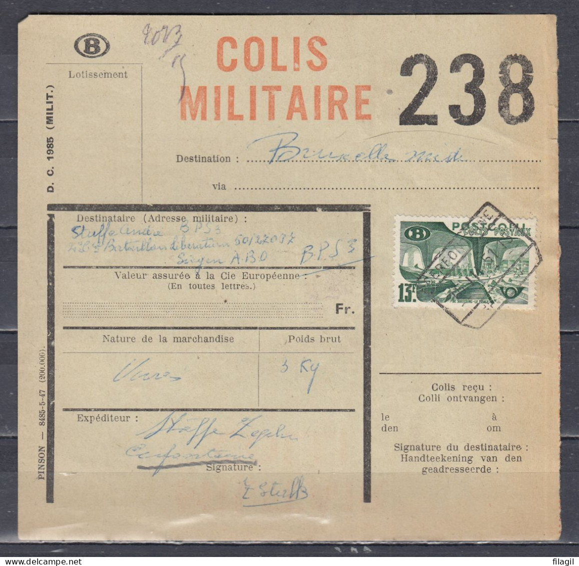 Vrachtbrief Met Stempel CERFONTAINE COLIS MILITAIRE - Documenten & Fragmenten