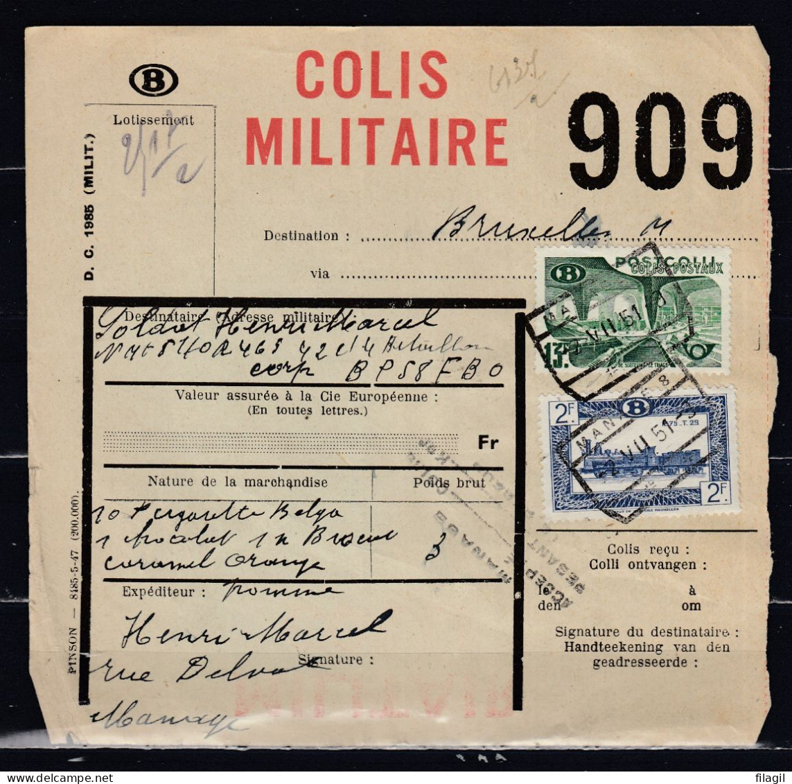 Vrachtbrief Met Stempel MANAGE 8 COLIS MILITAIRE - Documenten & Fragmenten