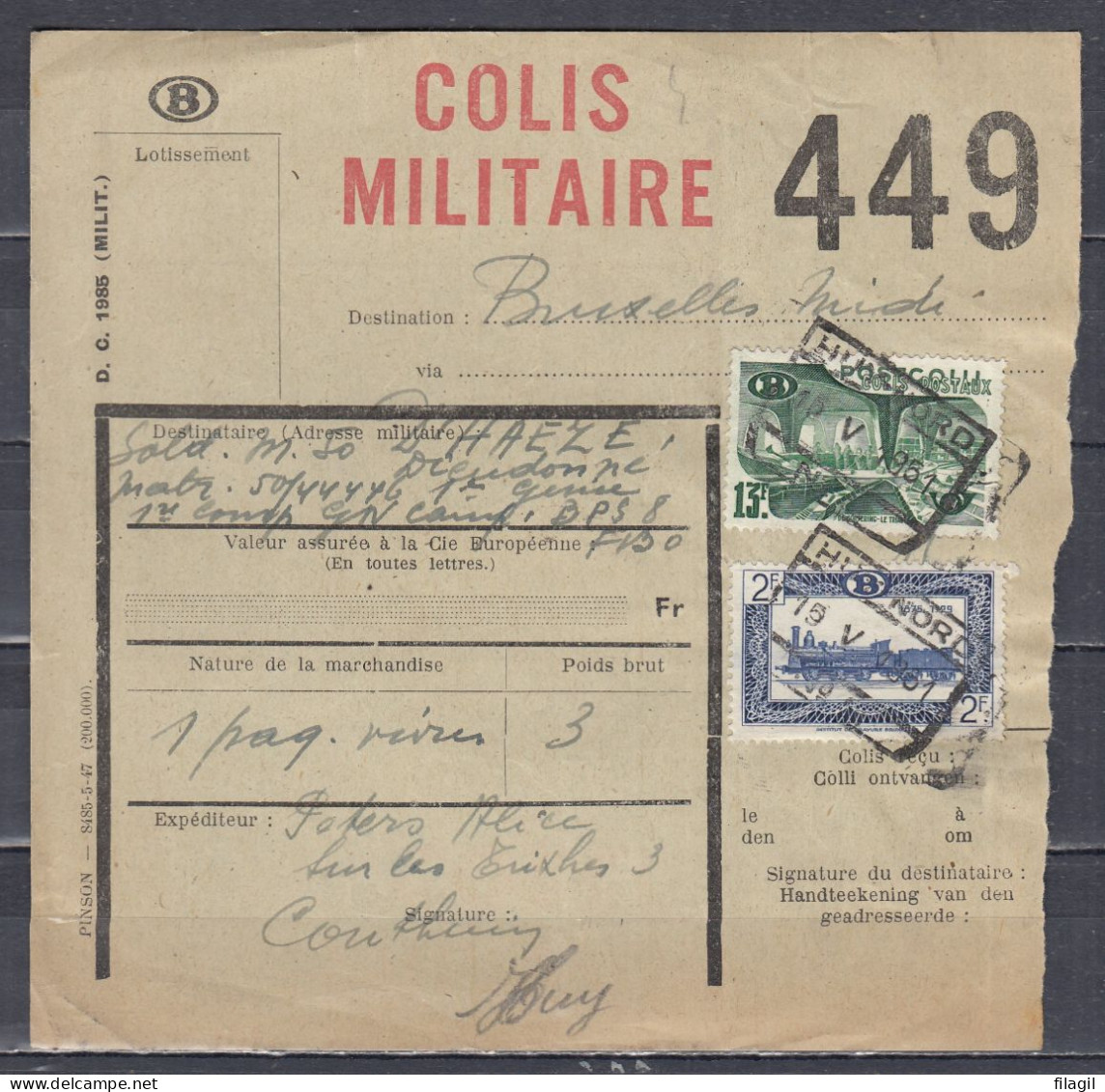 Vrachtbrief Met Stempel HUY NORD COLIS MILITAIRE - Dokumente & Fragmente
