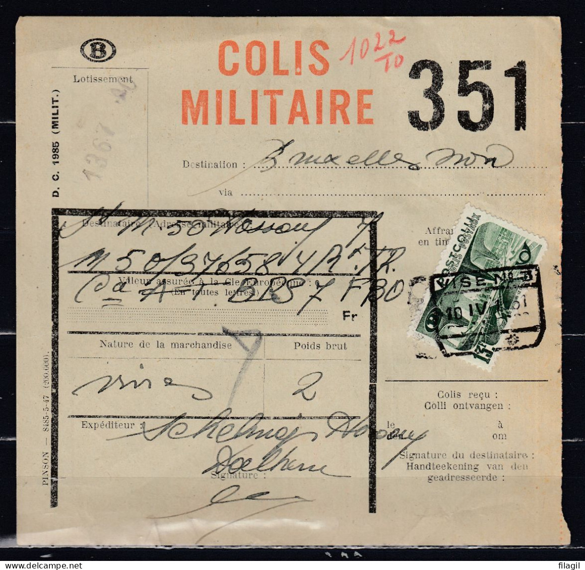 Vrachtbrief Met Stempel VISE N°3 COLIS MILITAIRE - Documents & Fragments