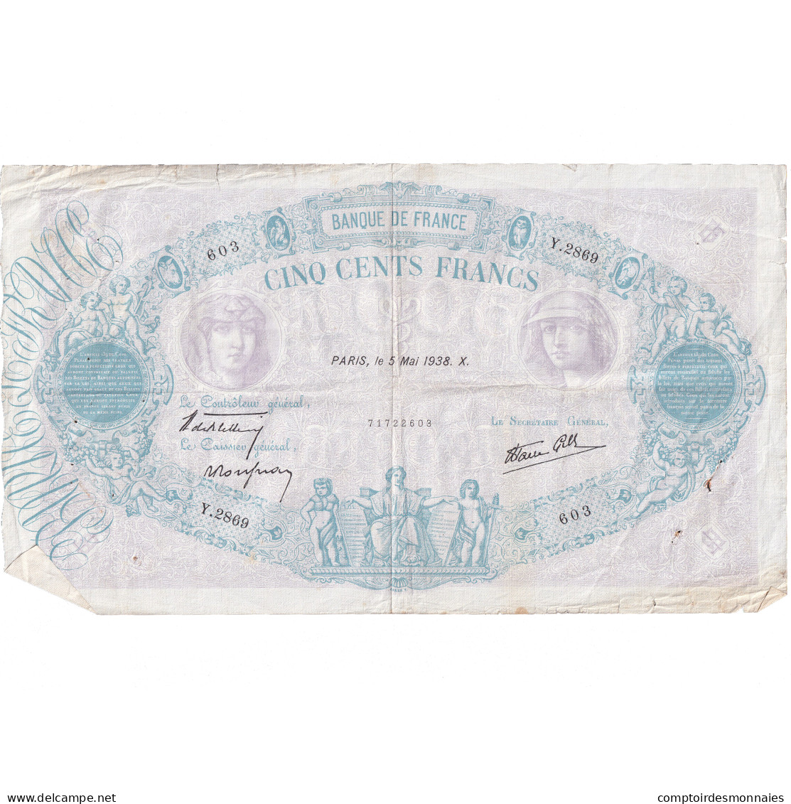 France, 500 Francs, Bleu Et Rose, 1938, Y.2869 603, TB+, Fayette:31.10, KM:88c - 500 F 1888-1940 ''Bleu Et Rose''