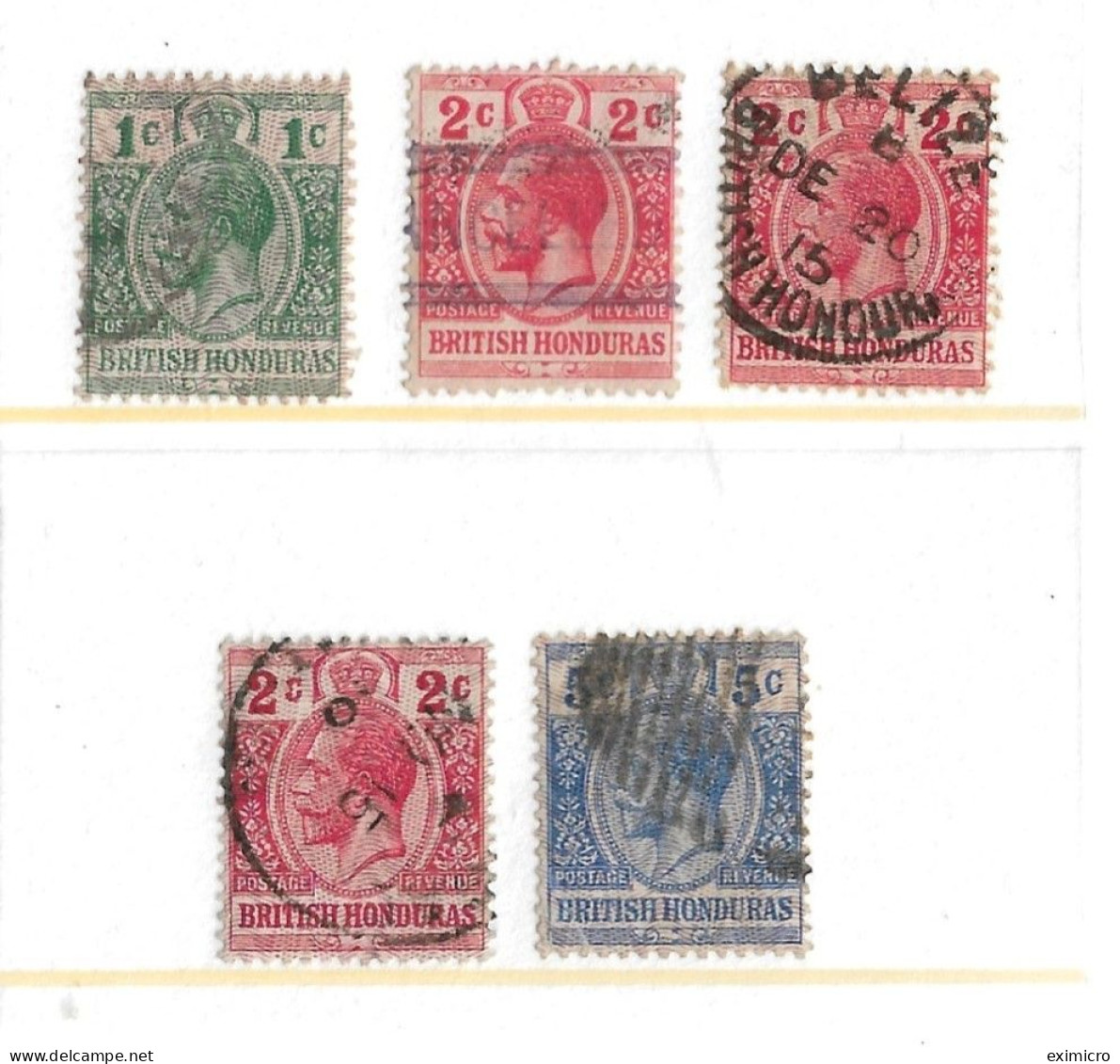 BRITISH HONDURAS 1913 - 1921 ALL DIFFERENT VALUES TO 5c SG 101,102,102a,102b,104 FINE USED Cat £5.35 - British Honduras (...-1970)