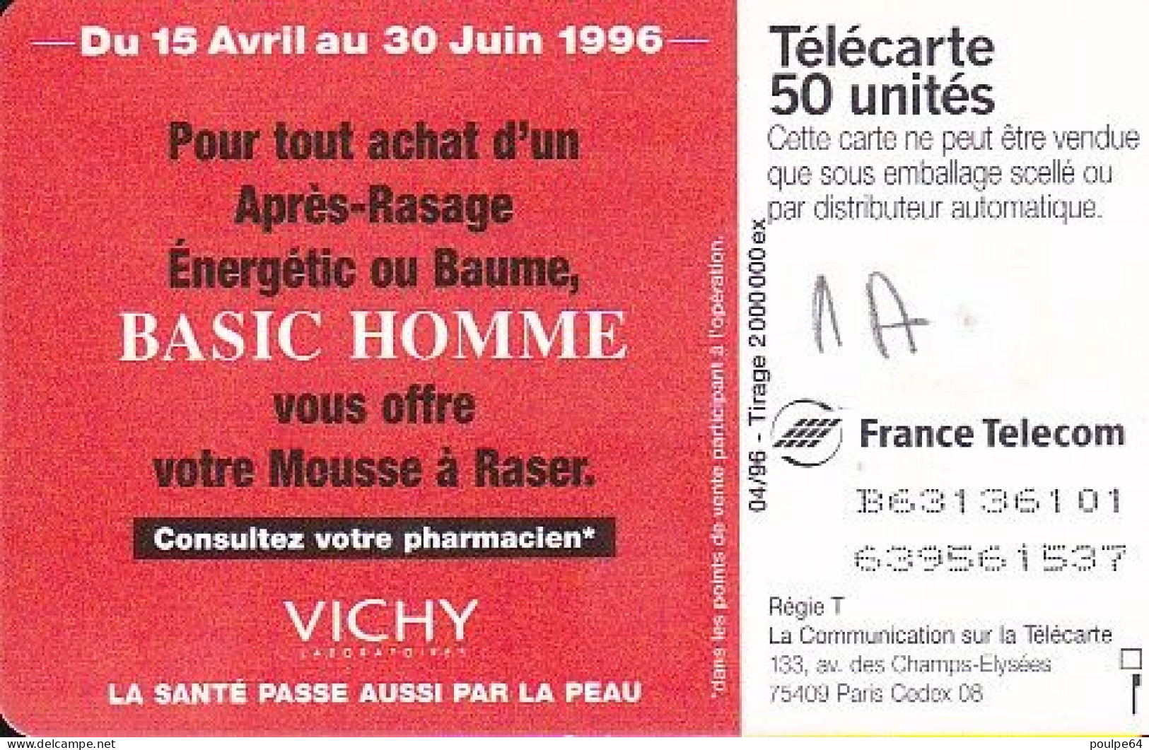 F636 04/1996 - BASIC HOMME - 50 GEM1A - (verso : N° Centrés - Deux Lignes) - 1996