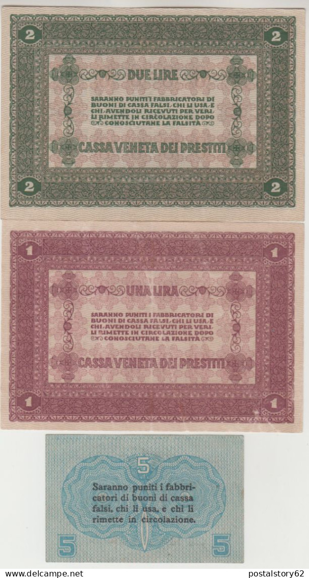 Occ.  Austriaca, Cassa Veneta Dei Prestiti 1 + 2 Lire Buono Di Cassa A Corso Legale  + 5 Centesimi  Tutte FDS 02/01/1918 - Austrian Occupation Of Venezia