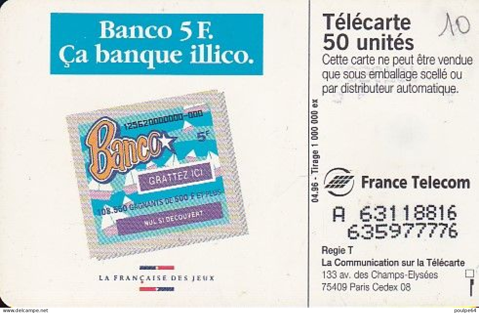 F638 04/1996 - BANCO - 50 SO3- (verso : N° Deux Lignes - 2ème Ligne Vers La Droite) - 1996