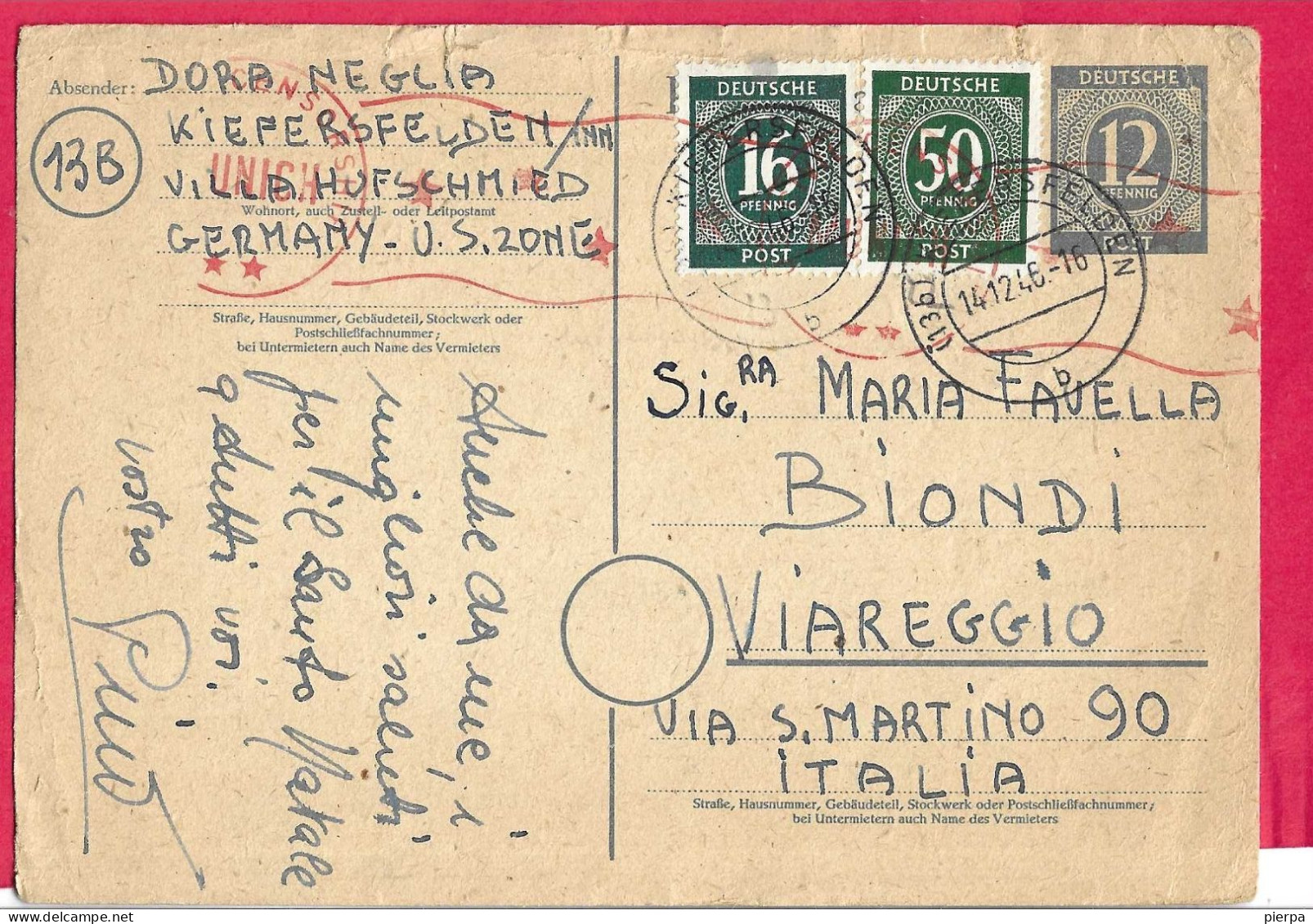 GERMANY AAS - INTERO POSTKARTE 12PF (+16+50)(MICHEL P954a) DA"(136) KIEFERSFELDEN*14.12.46*/b" PER VIAREGGIO - Cartas & Documentos