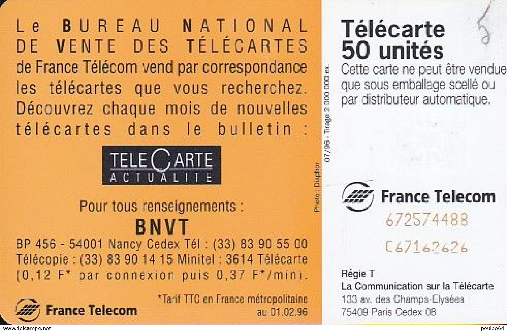 F639C 07/1996 - BNVT 96 - 50 SC7 - (verso : N° Centrés - Deux Lignes) - 1996