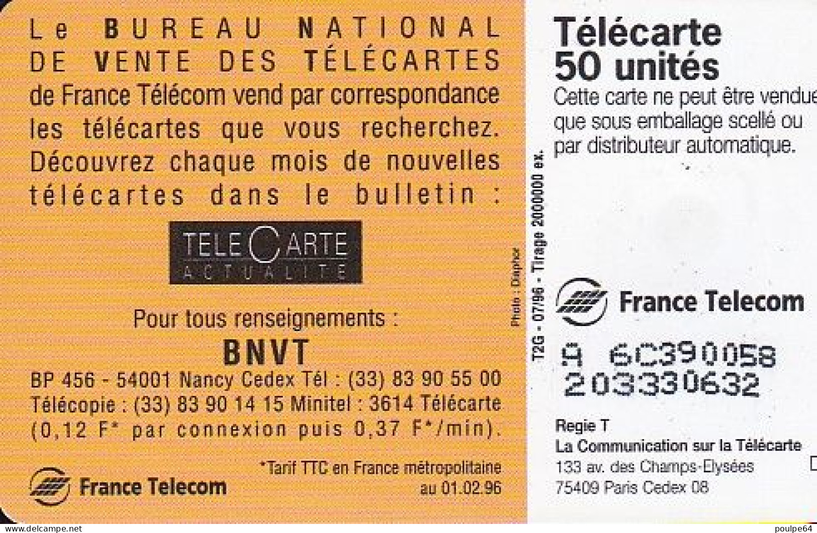 F639E 07/1996 TG2 - BNVT 96 - 50 SO3 - (verso : N° Noirs Impacts Deux Lignes) - 1996