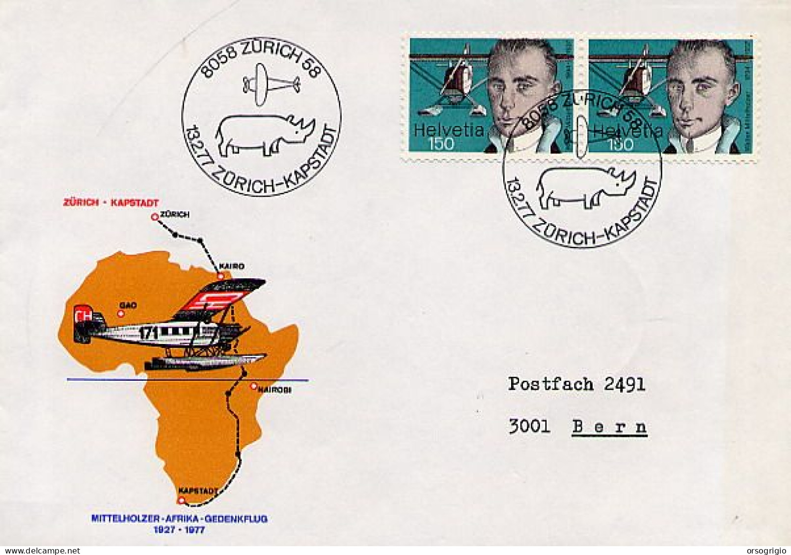 SVIZZERA - HELVETIA - FDC 1977 -  VOLO ZURICH-KAPSTADT -  RINO   RINOCERONTE - Rhinoceros