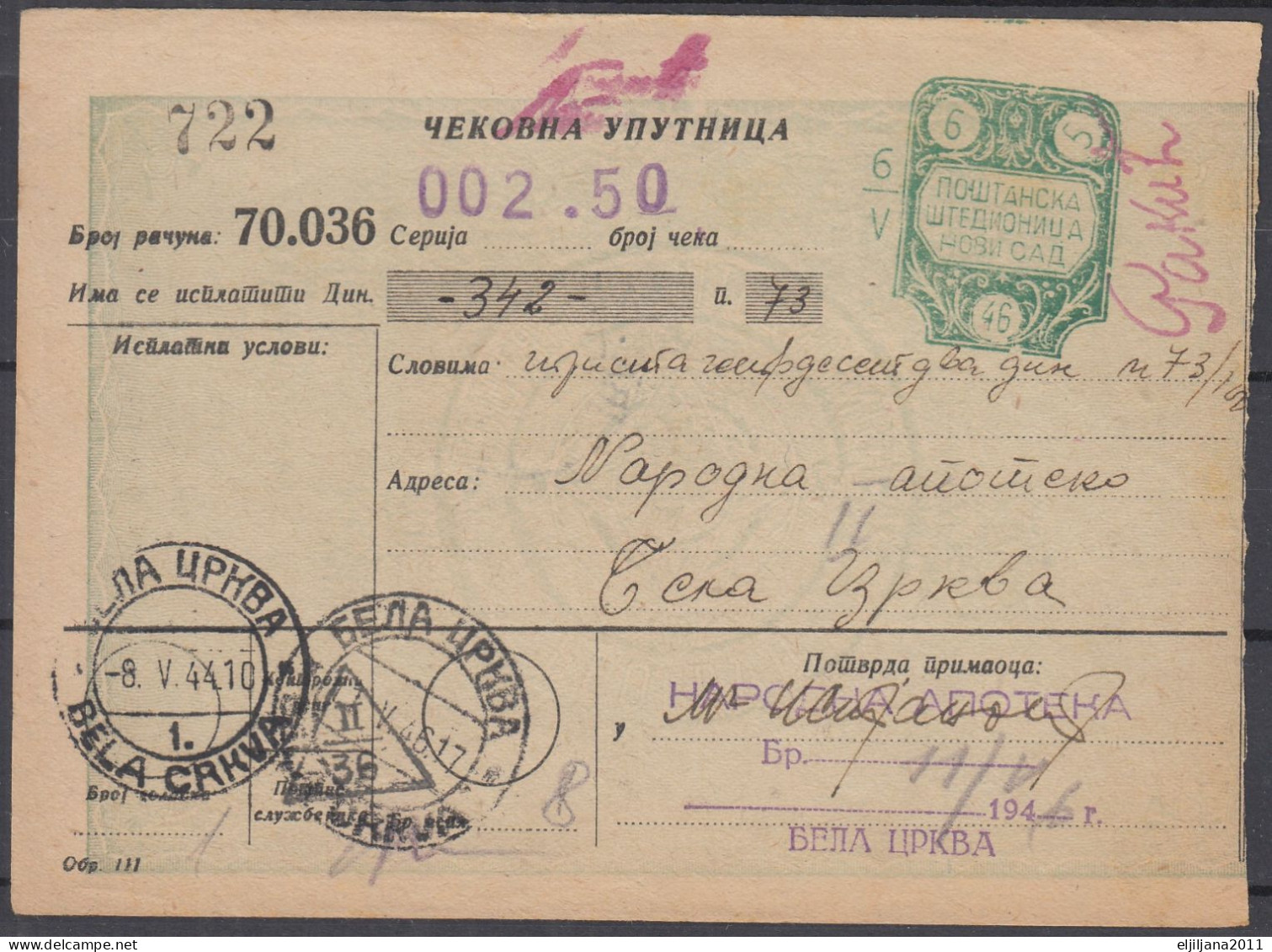 ⁕ Yugoslavia 1946 Serbia / Vojvodina ⁕ Postal Savings Bank Novi Sad - Money Order Receipt - PORTO Official ⁕ BELA CRKVA - Portomarken