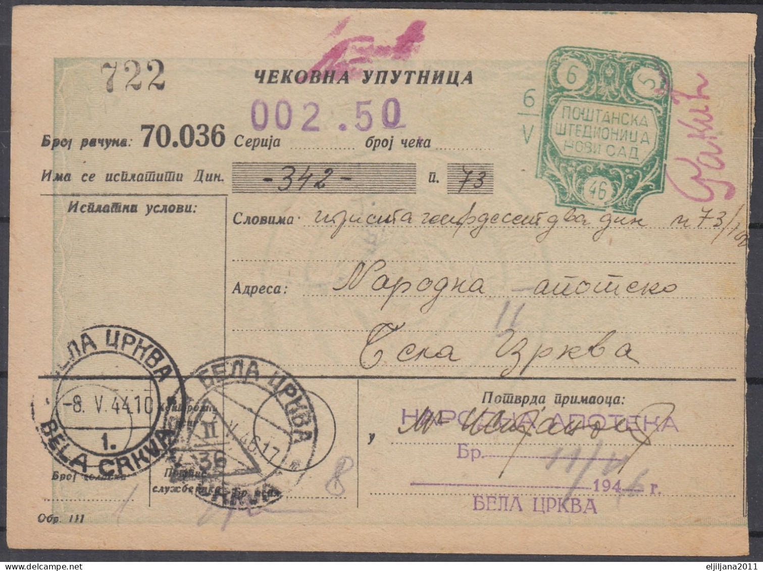 ⁕ Yugoslavia 1946 Serbia / Vojvodina ⁕ Postal Savings Bank Novi Sad - Money Order Receipt - PORTO Official ⁕ BELA CRKVA - Timbres-taxe