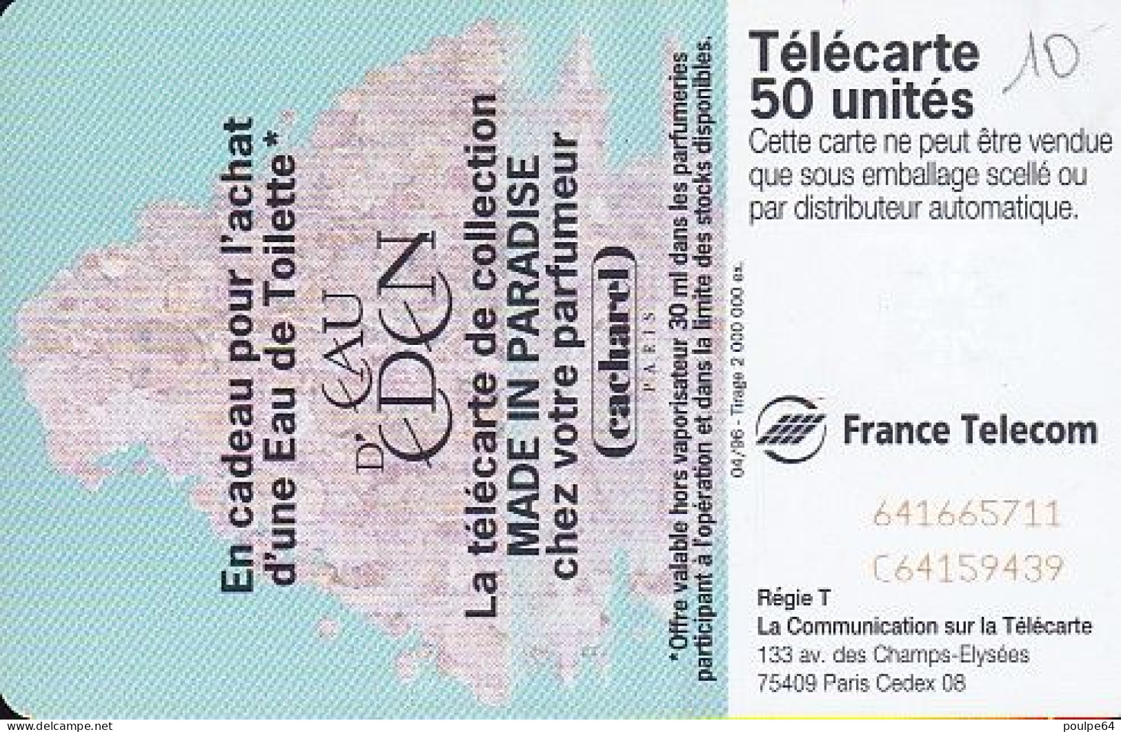 F641 04/1996 - EAU D'EDEN - 50 SC7 - (verso : N° Rouges Deux Lignes Vers Le Bas) - 1996