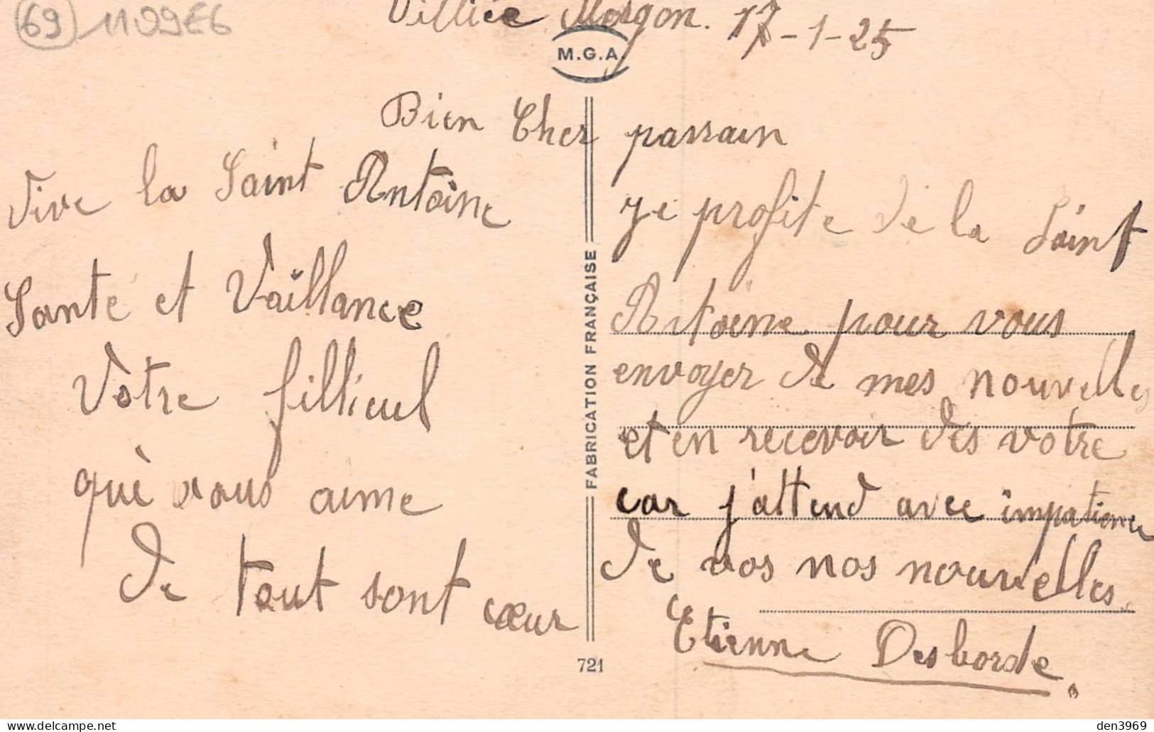 Souvenir De VILLIE-MORGON (Rhône) - Ecrit 1925 (2 Scans) Etienne Desborde - Villie Morgon