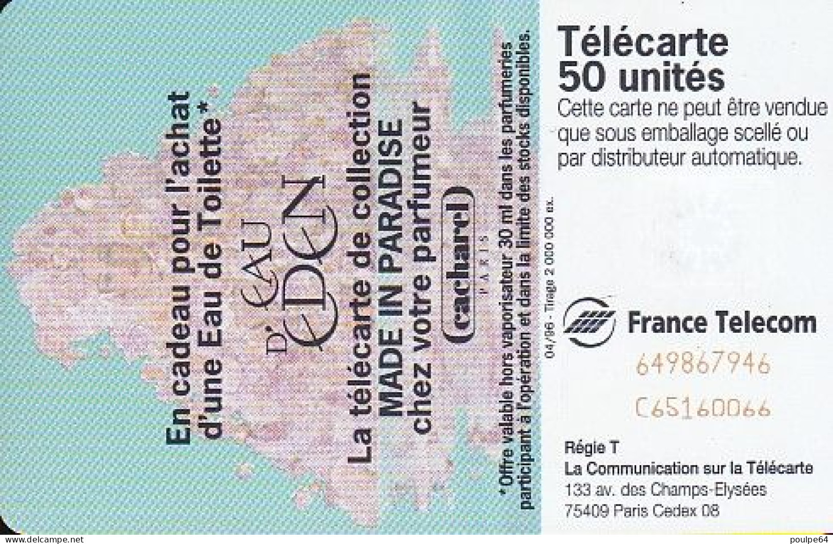 F641 04/1996 - EAU D'EDEN - 50 SC7 - (verso : N° Rouges Deux Lignes Centrés Vers Le Haut - 2ème Ligne N° Déformés) - 1996