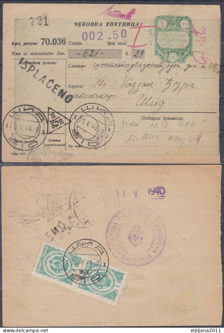 ⁕ Yugoslavia 1946 Serbia / Vojvodina ⁕ Postal Savings Bank Novi Sad - Money Order Receipt - PORTO Official ⁕ ŠID - Timbres-taxe