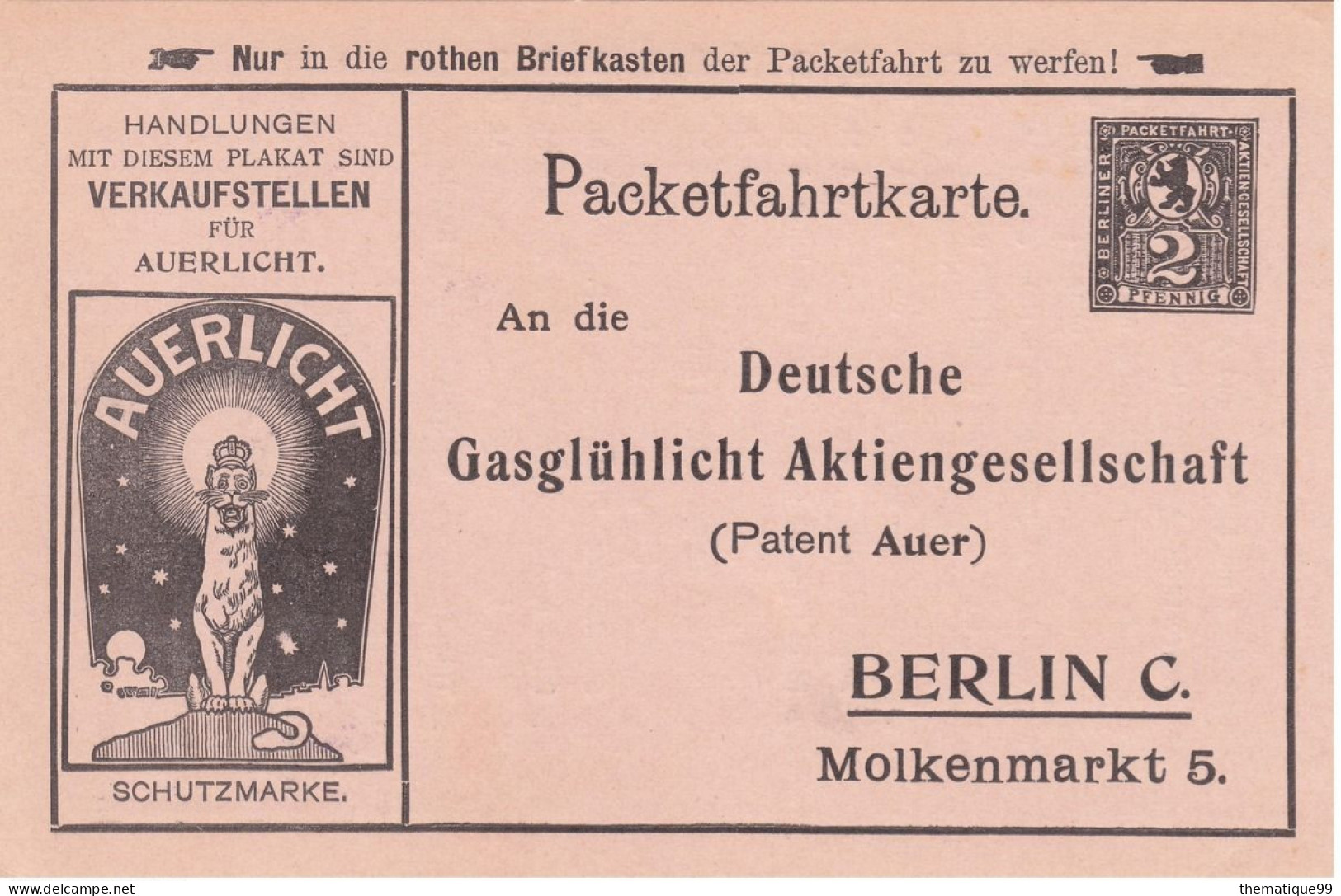 Entier De La Poste Locale Allemande De Berlin (1890) Timbrée Sur Commande Publicité Avec Lion, Gaz Et Lumière - Roofkatten