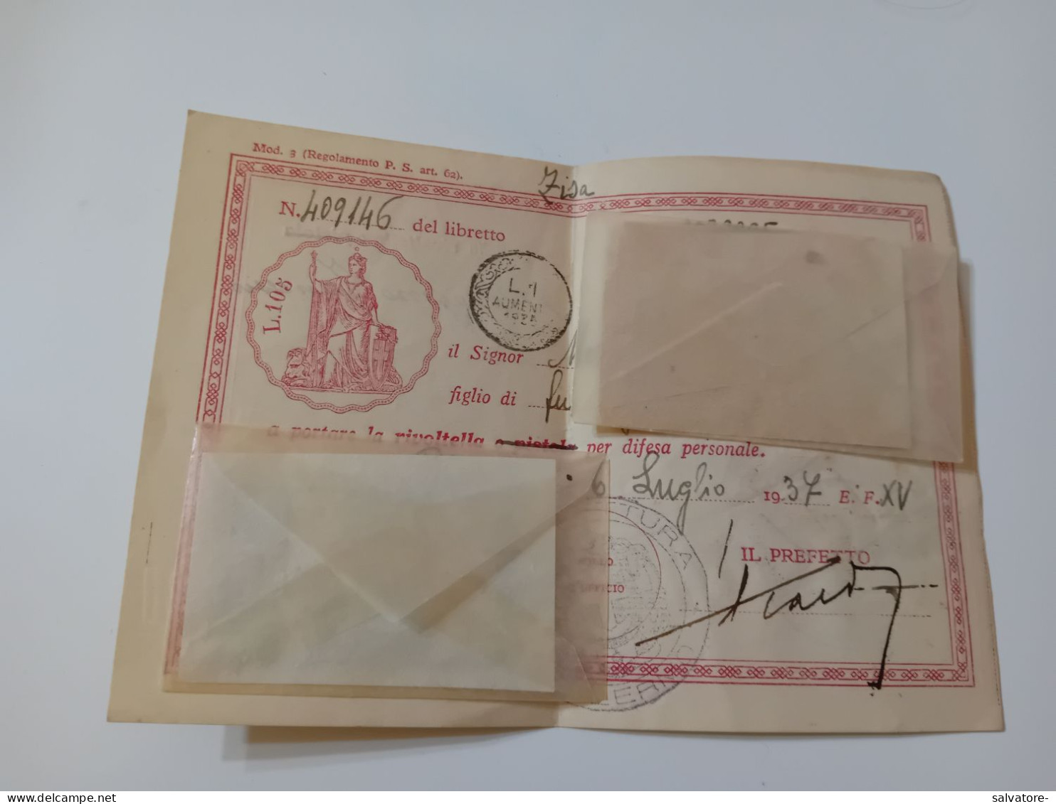 PERMESSO UDO RIVOLTELLA 1937 CON MARCHE DA BOLLO DA 20 LIRE UNITE - Fiscali