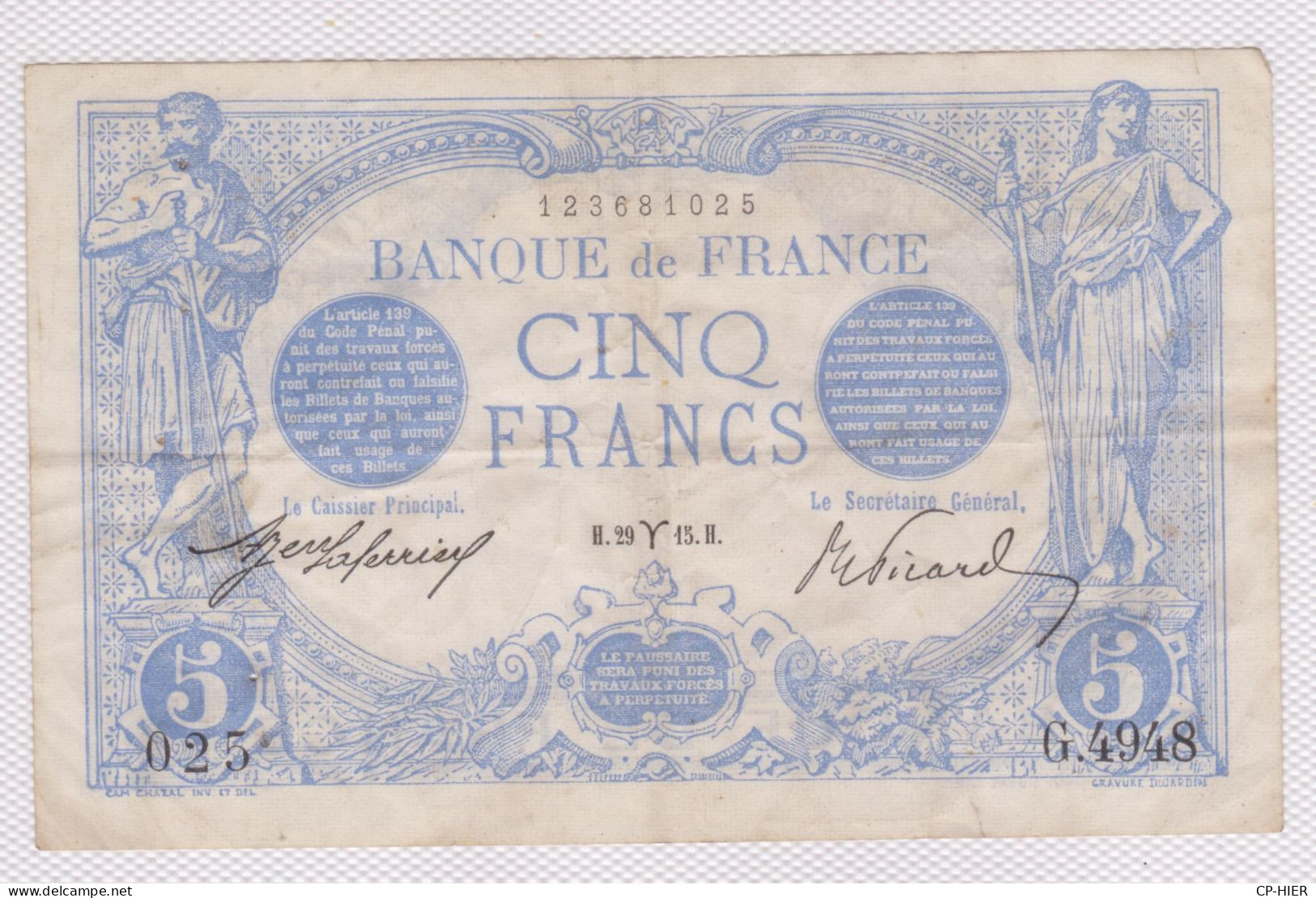 BILLET - BANQUE DE FRANCE - 5 FRANCS BLEU - 1915 - N° 123681025 - G.4948 - BON ETAT - 5 F 1912-1917 ''Bleu''