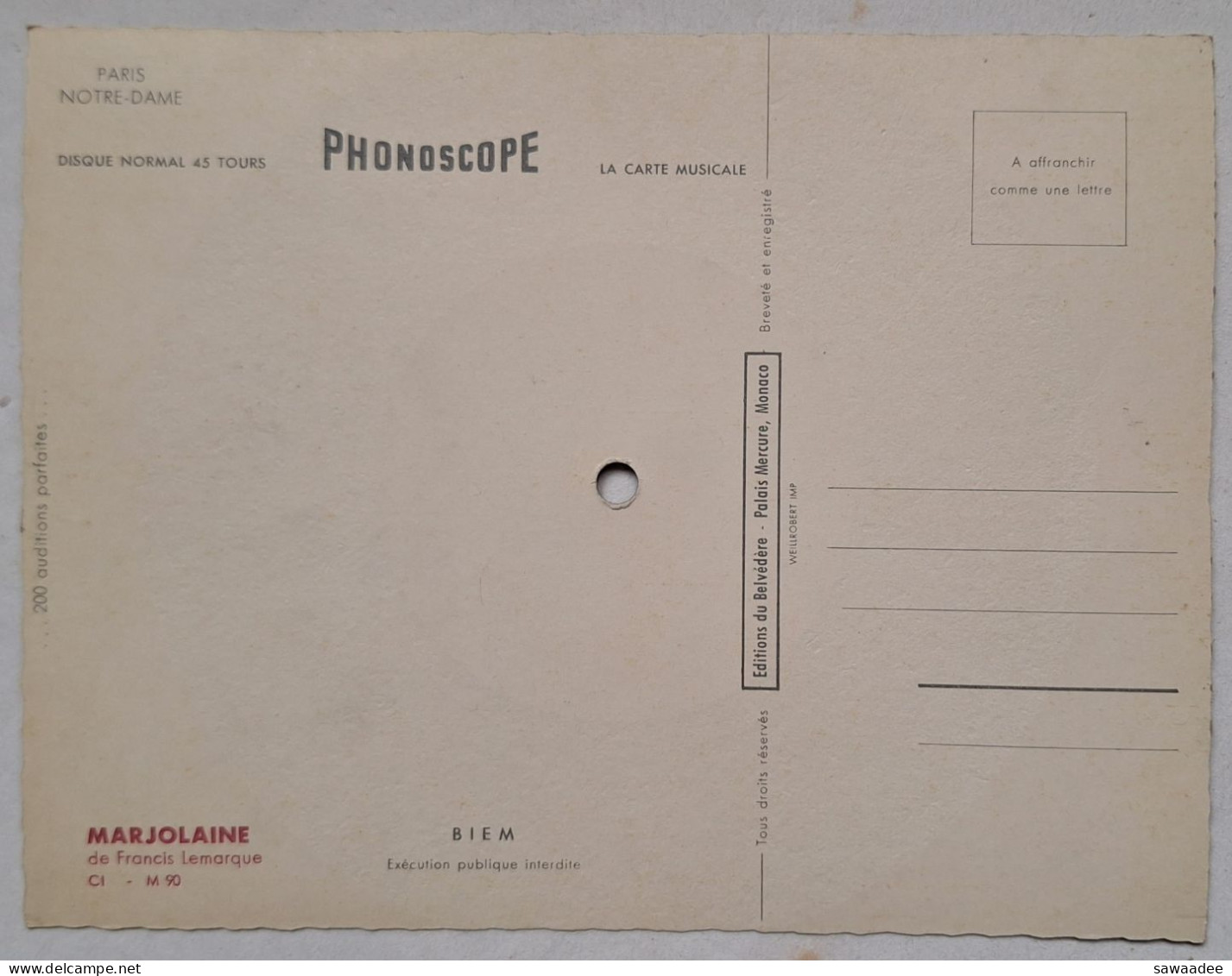 CARTE POSTALE DISQUE - PHONOSCOPE - 45T - ED. BELVEDERE - F. LEMARQUE - MARJOLAINE - CATHEDRALE N.D. DE PARIS - Special Formats