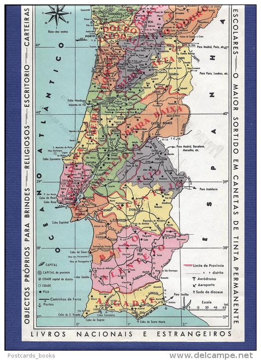 MAPA De PORTUGAL 33cm - 1950/60 Publicidade Da Papelaria Ramalho CASTELO BRANCO. Original Vintage MAP Advertising - Castelo Branco