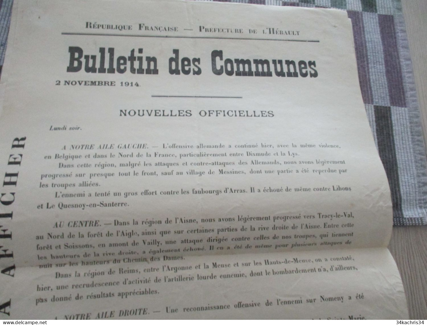 Guerre De 14/18 Grande Affiche 32 X 48 Environs Préfecture De L'Hérault Nouvelles Officielles Du Front Soir  2/11/1914 - Documentos
