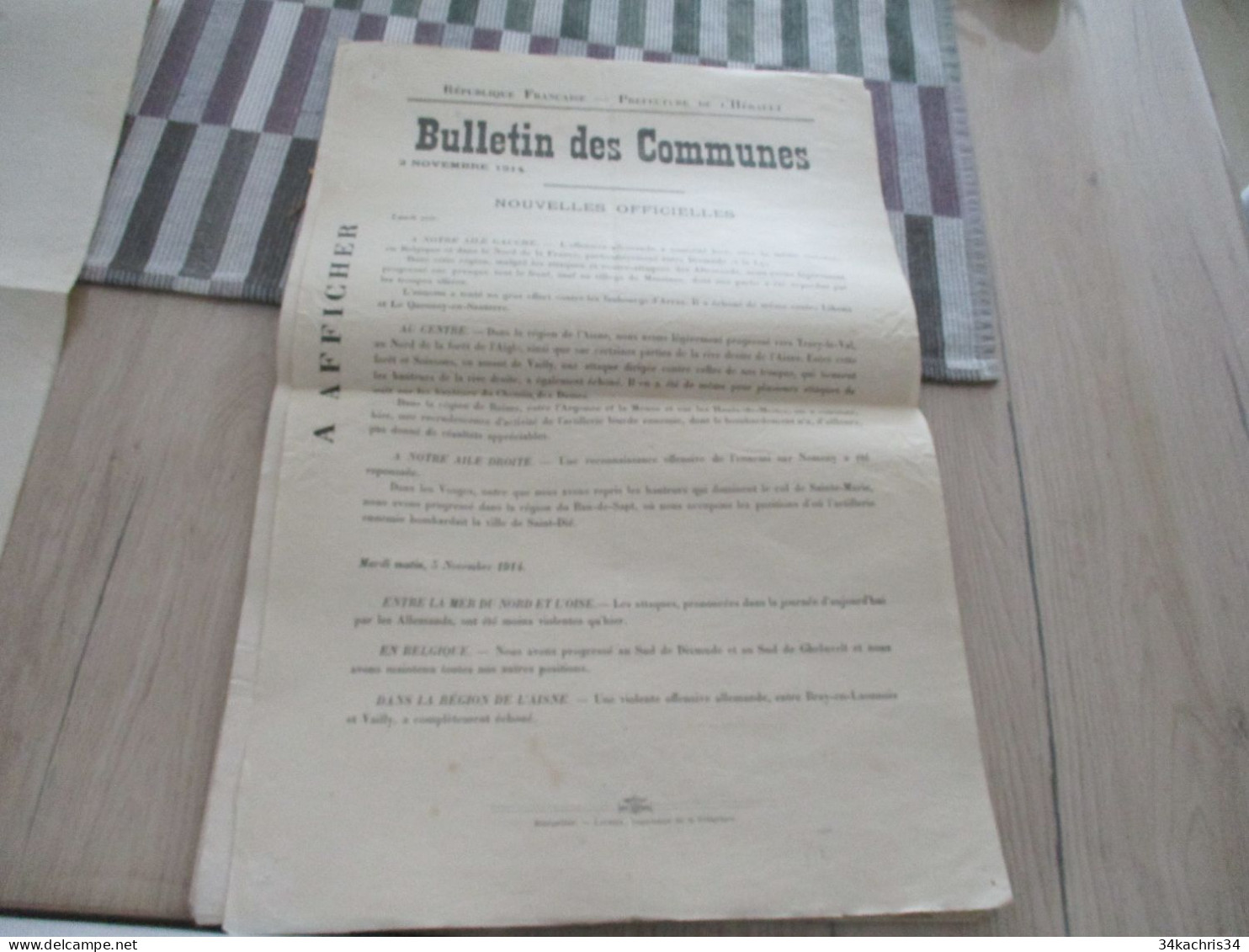 Guerre De 14/18 Grande Affiche 32 X 48 Environs Préfecture De L'Hérault Nouvelles Officielles Du Front Soir  2/11/1914 - Dokumente