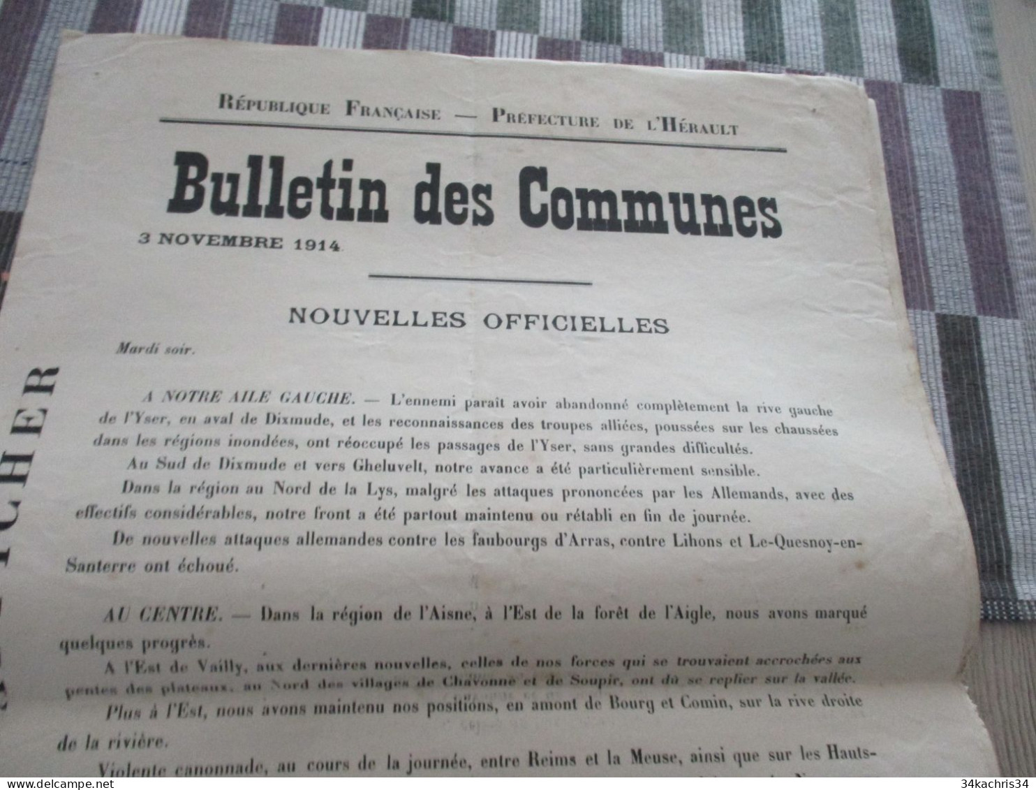 Guerre De 14/18 Grande Affiche 32 X 48 Environs Préfecture De L'Hérault Nouvelles Officielles Du Front 3 Et 4/11/1914 - Documentos