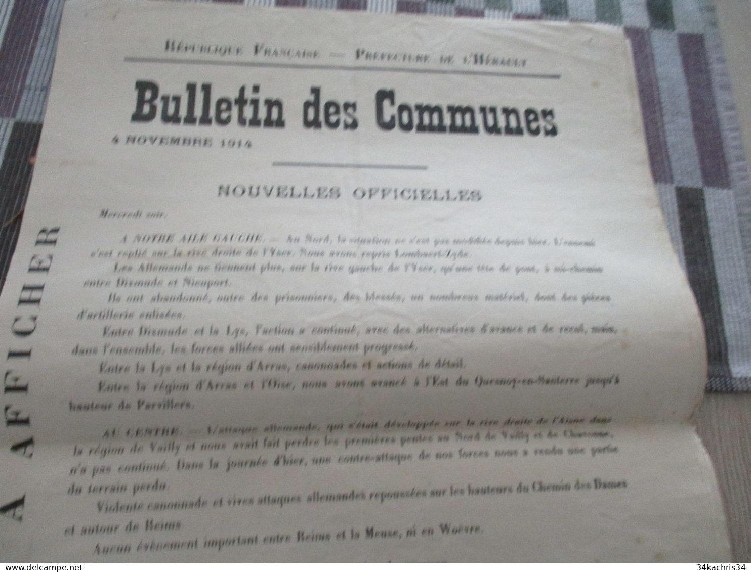 Guerre De 14/18 Grande Affiche 32 X 48 Environs Préfecture De L'Hérault Nouvelles Officielles Du Front 4 Et 5/11/1914 - Documentos