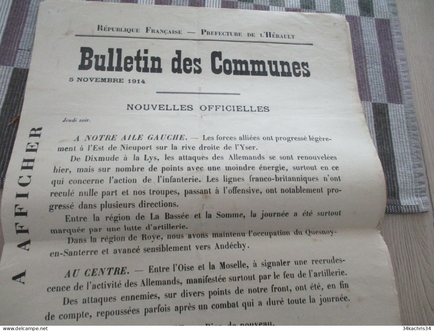 Guerre De 14/18 Grande Affiche 32 X 48 Environs Préfecture De L'Hérault Nouvelles Officielles Du Front 5 Et 6/11/1914 - Documenten