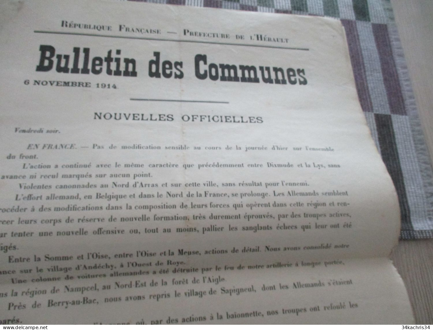 Guerre De 14/18 Grande Affiche 32 X 48 Environs Préfecture De L'Hérault Nouvelles Officielles Du Front 6 Et 7/11/1914 - Documenti