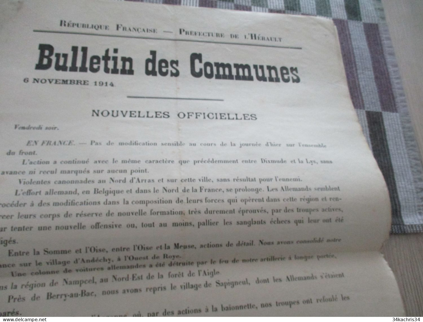 Guerre De 14/18 Grande Affiche 32 X 48 Environs Préfecture De L'Hérault Nouvelles Officielles Du Front 6 Et 7/11/1914 - Dokumente